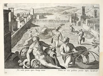 Método de captura de peixes em águas rasas usando redes de forma quadrada, ilustração de &39;Venationes, Ferarum, Avium, Piscium&39; (de caça: animais selvagens, pássaros, peixes), gravada por Jan Collaert (1566-1628),